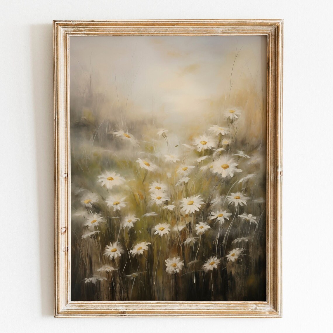 Moody White Daisy Field Dark Floral Farmhouse Vintage Poster