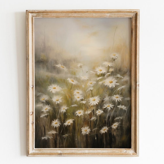 Vintage Moody Summer Flower Daisies Dark Farmhouse Print Cottagecore Daisy Wildflower Field Painting Spring Floral Wall Art