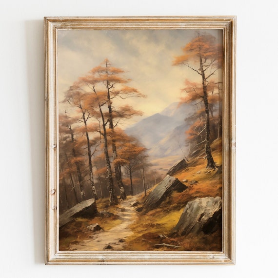 Rustic Fall Landscape Painting Vintage Autumn Moody Country Painting Farmhouse Decor Fall Wall Print Autumn Landscape Earth Tone
