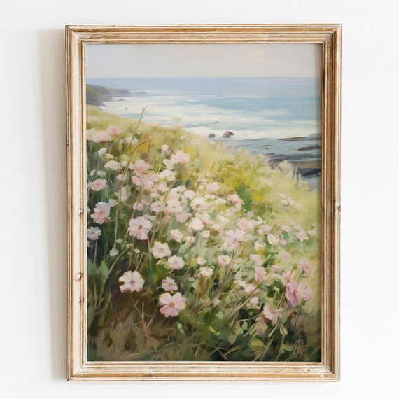 Summer Wildflower Meadow Sloping Down To Blue Ocean Coast Poster