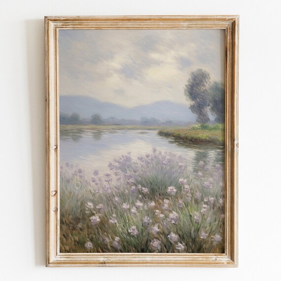 Misty River Purple Wildflowers Impressionist Landscape Wall Art
