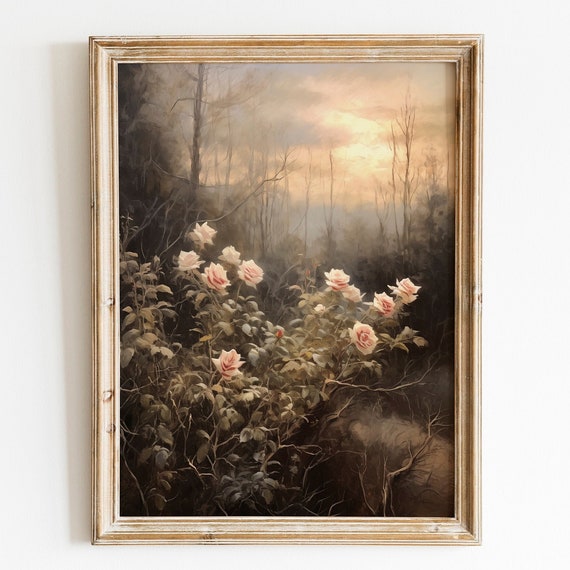 Dark Rose Painting Floral Wall Art Antique Moody Art Vintage Dark Academia Decor Dark Botanical Wall Art Roses Flower Painting