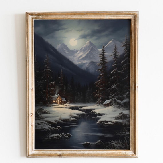 Vintage Winter Night Landscape Painting Vintage Christmas Wall Art Forest Wall Art Christmas Decor Moody Wall Art Mountain Wall Art Seasonal