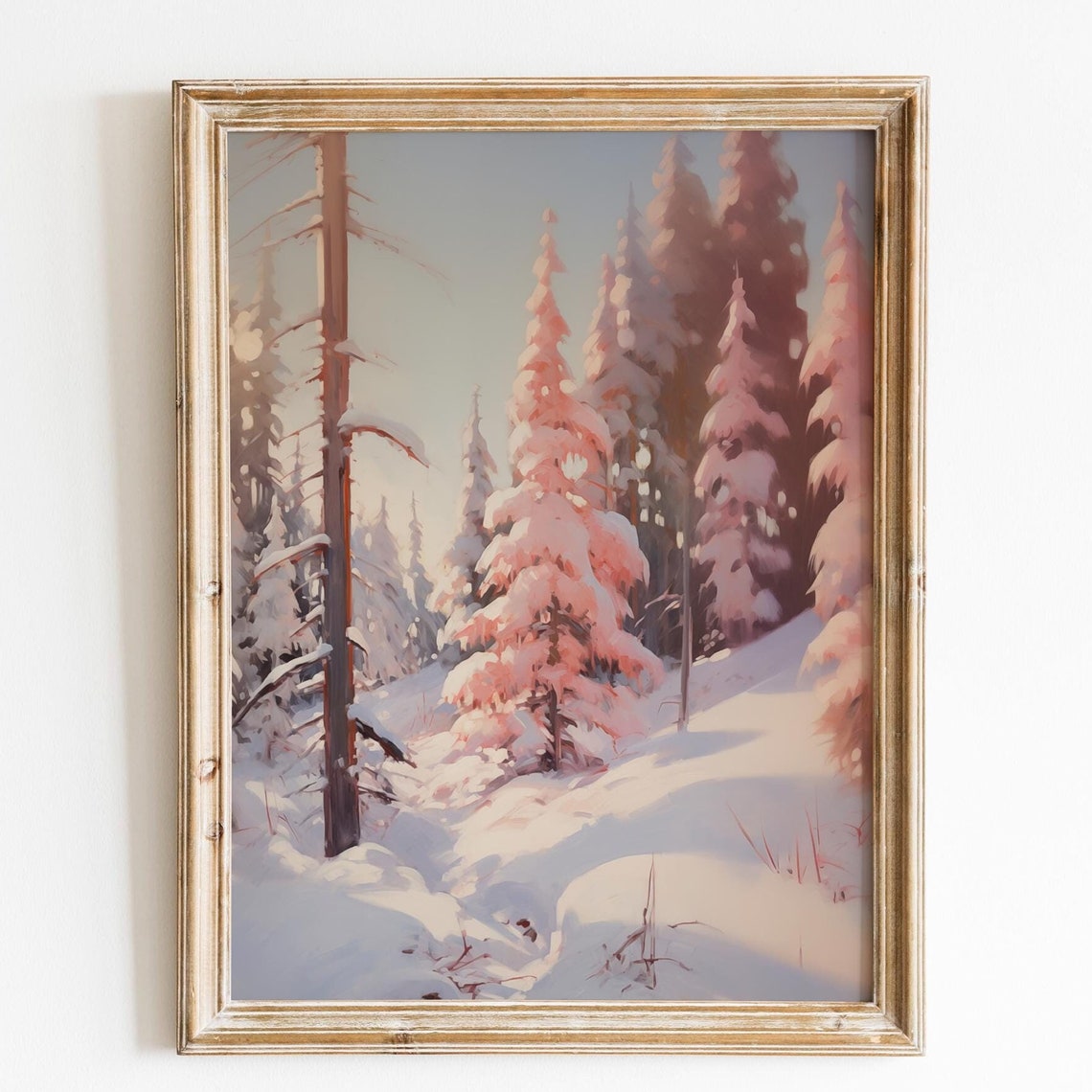 Pink Snowy Pine Forest At Dawn Winter Sunrise Impressionist Wall Art