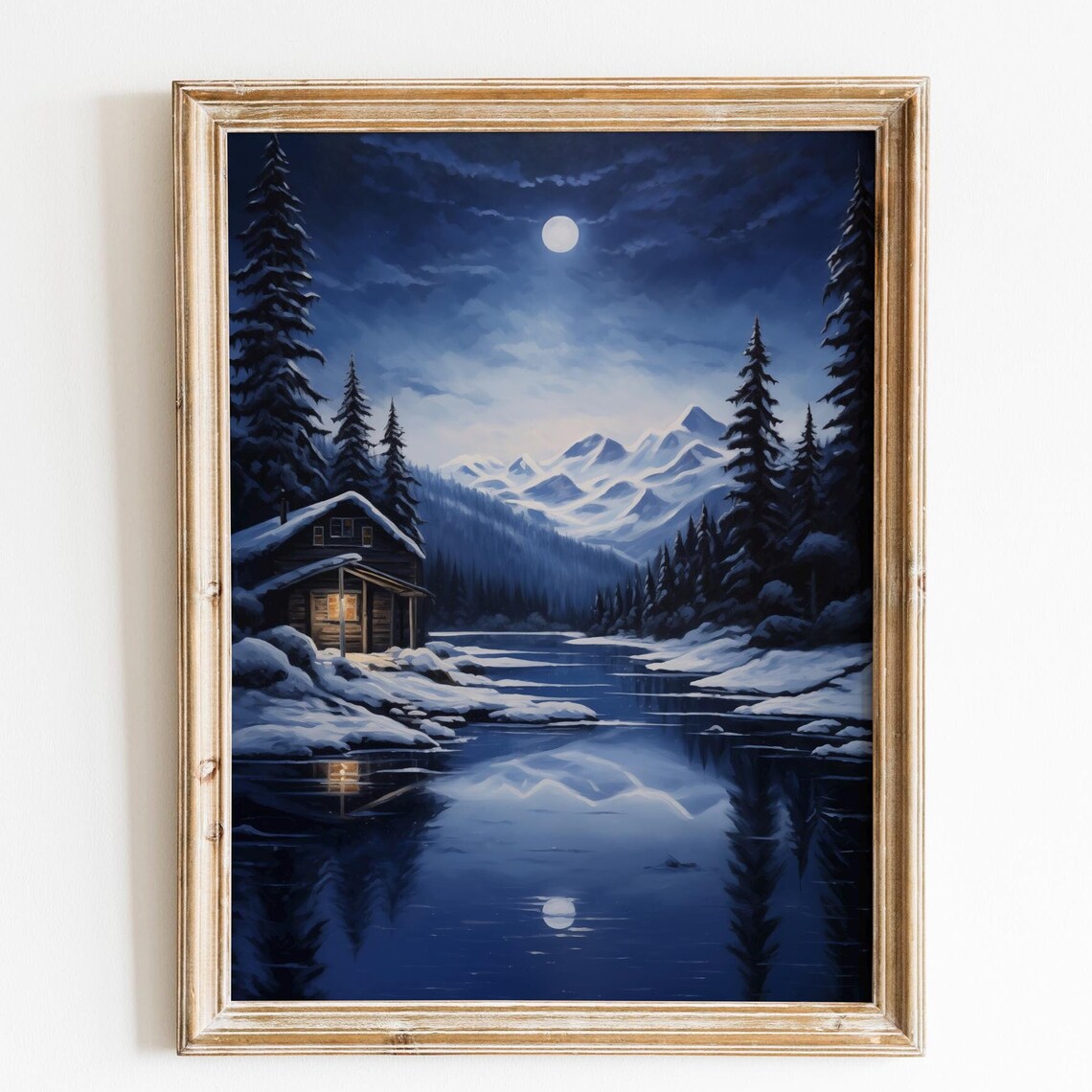 Vintage Winter Night Landscape Painting Vintage Christmas Wall Art Forest Wall Art Christmas Decor Moody Wall Art Mountain Wall Art Seasonal