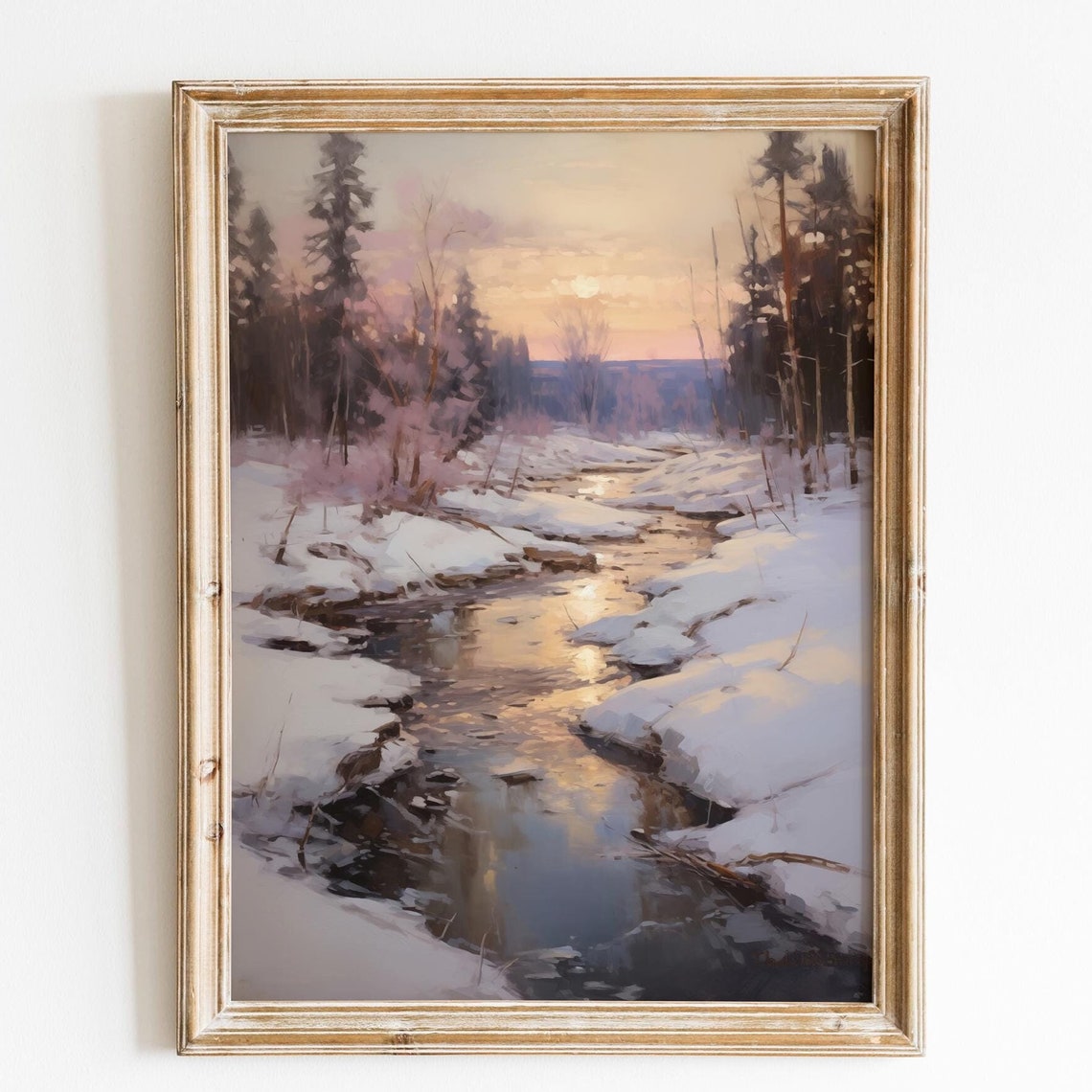 Snowy Forest Stream At Sunset Winter Twilight Water Reflection Poster