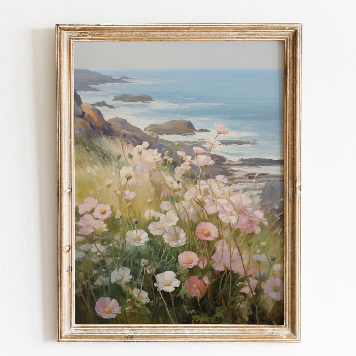 Pink Cosmos Wildflowers On Coastal Cliff Overlooking Ocean Poster