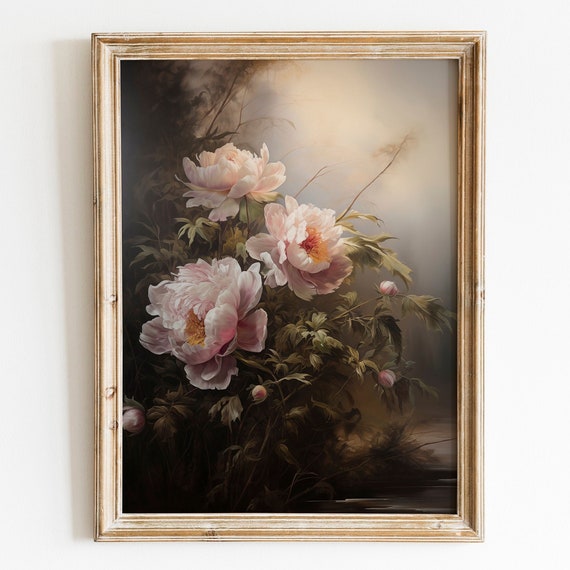 Moody Spring Pink Peony Wall Art Dark Pink Peony Print Vintage Flower Landscape Rustic Wildflower Decor Farmhouse