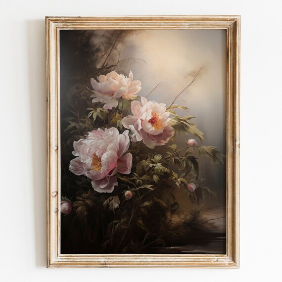Pink Peonies Moody Misty Light Antique Floral Oil Painting Wall Art