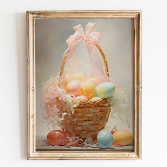 Easter Basket with Pink Bow and Pastel Eggs Soft Spring Holiday Poster