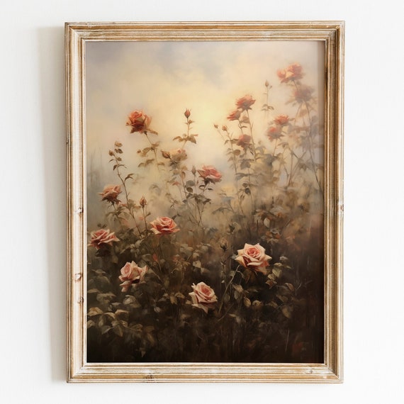 Dark Antique Moody Rose Painting Floral Wall Art Art Vintage Dark Academia Painting Botanical Wall Art Dark Roses Flower Decor
