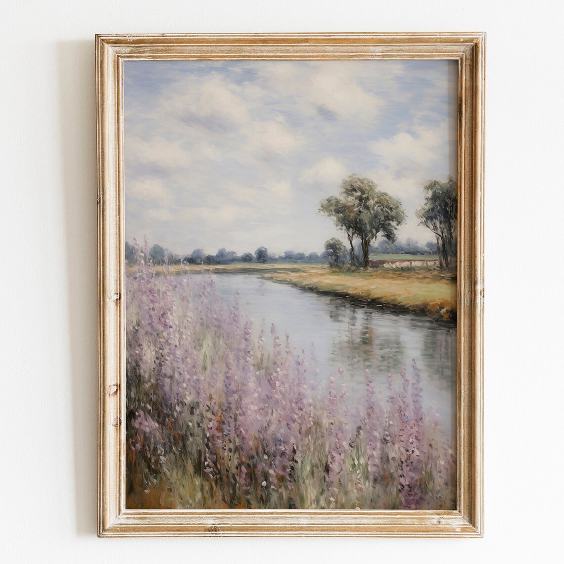 River Bank with Purple Wildflowers Peaceful Landscape Poster