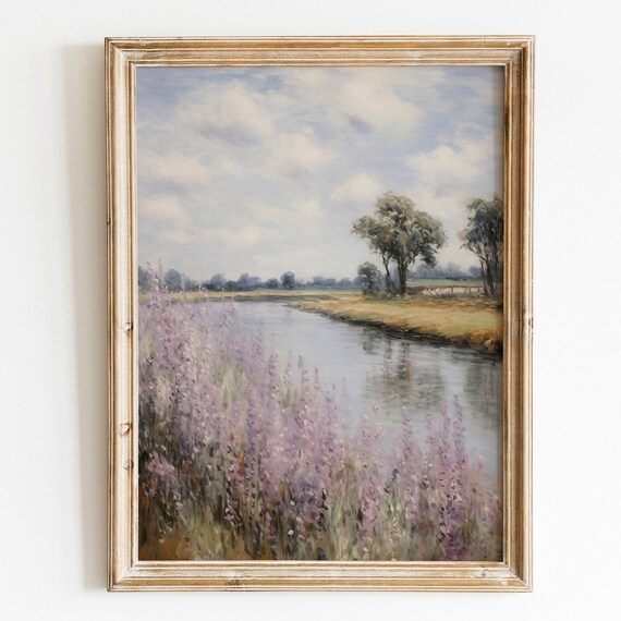 River Bank with Purple Wildflowers Peaceful Landscape Poster