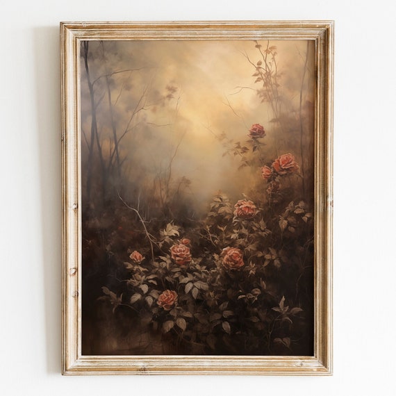 Dark Roses Moody Flower Decor Vintage Dark Floral Wall Art Painting Night Rose Art Dark Academia Botanical Painting Wall Art