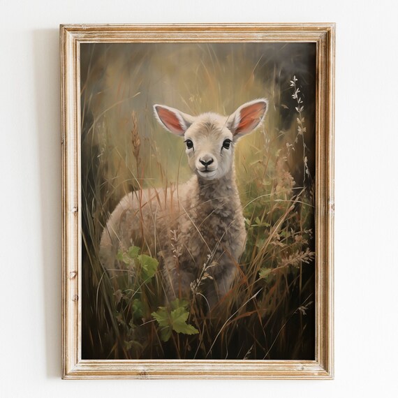 Sweet Baby Lamb in Tall Grass Soft Cottagecore Wildlife Poster