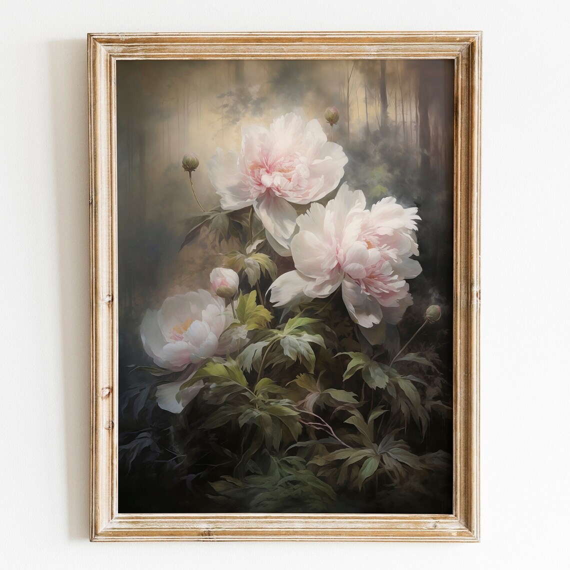 Blush Peonies Dark Moody Botanical Vintage Oil Painting Print