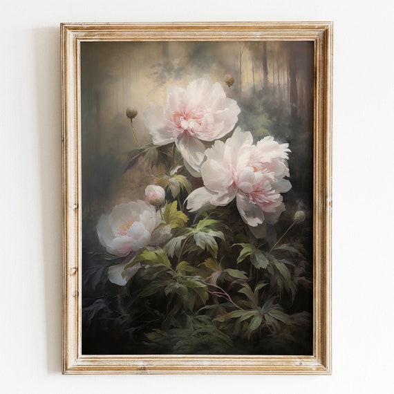 Antique Peony Painting Art Moody Floral Wall Art Dark Academia Decor Vintage Moody Botanical Wall Art Dark Flower Painting