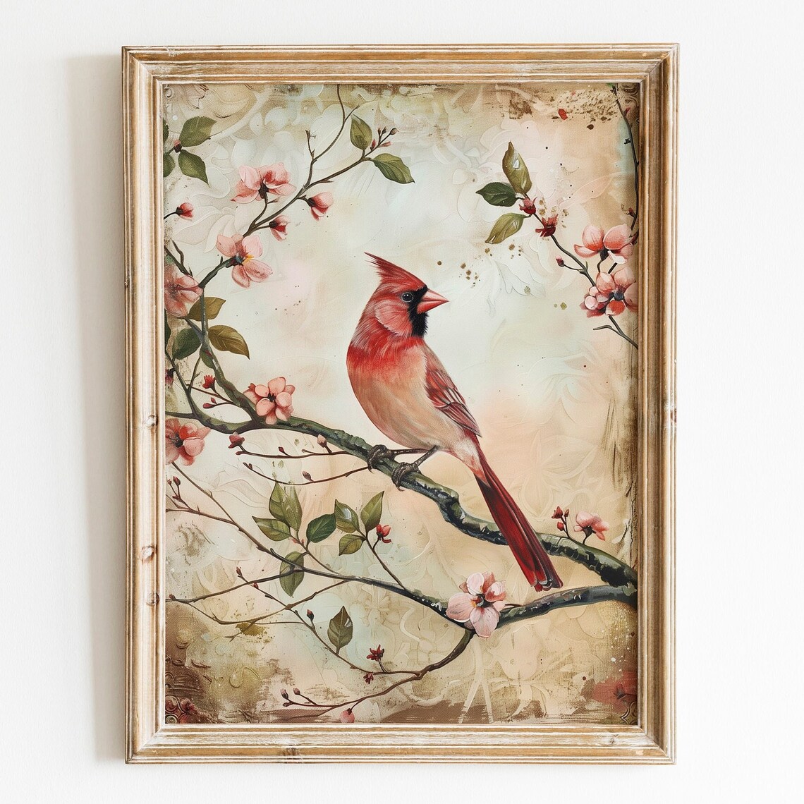 Vintage Cardinal Bird Print, Neutral Farmhouse Decor