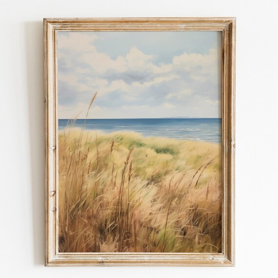 Golden Beachgrass Dunes With Blue Ocean And Cloudy Sky Poster