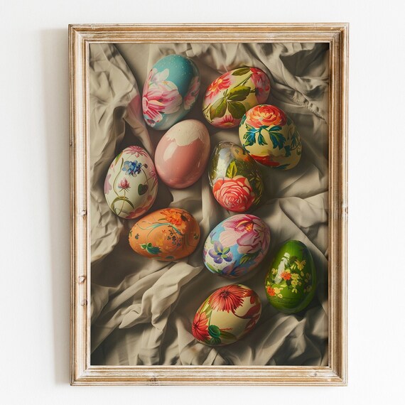 Floral Painted Easter Eggs on Silk Cloth Spring Holiday Still Print