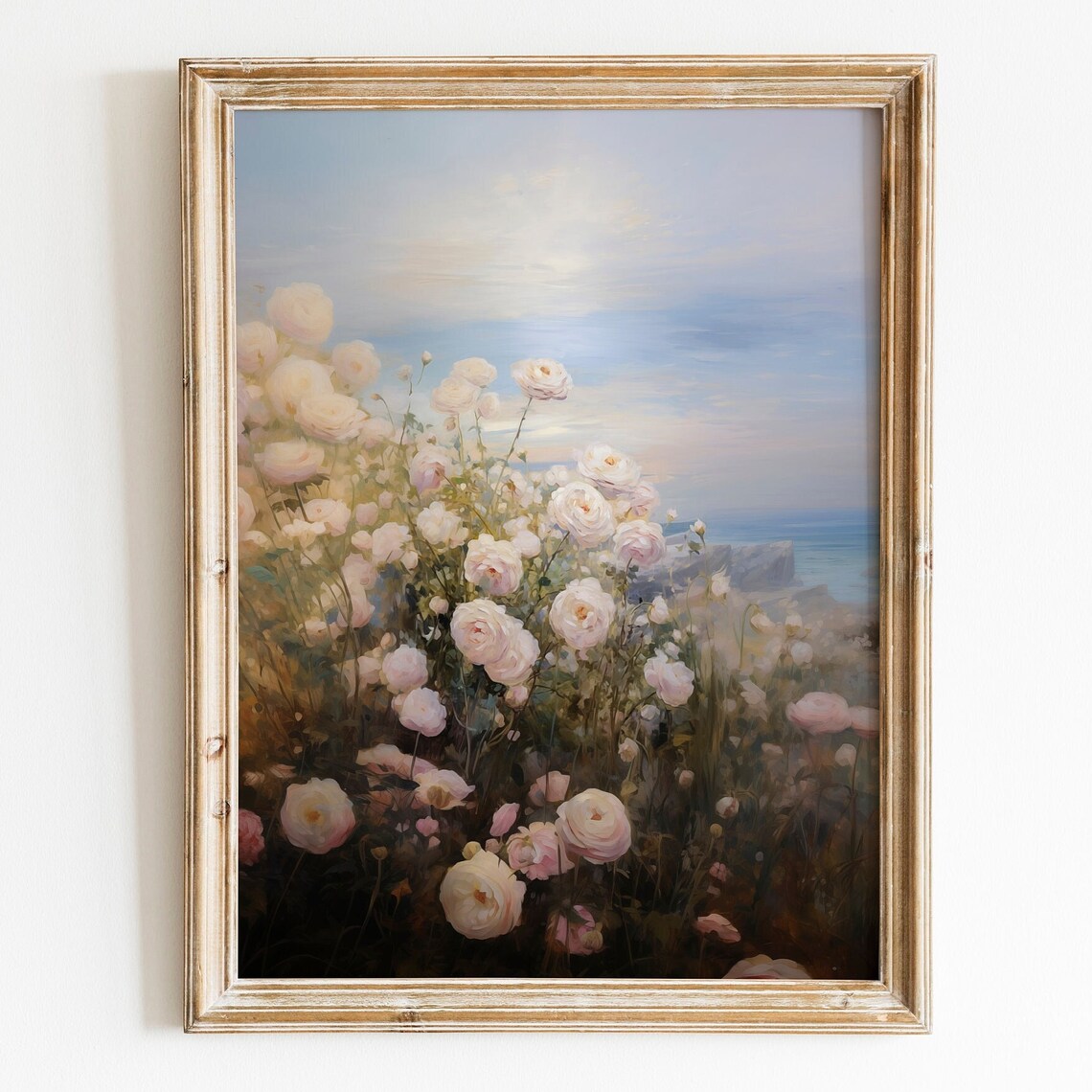 Cream Roses With Ocean Horizon Romantic Coastal Floral Poster