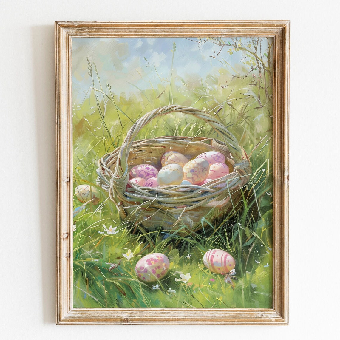 Pastel Painted Easter Eggs Basket in Spring Meadow Art Poster