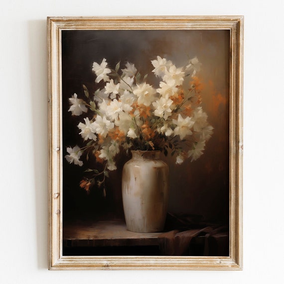 Vintage Moody Orange White Flower Print Dark Floral Still Life Oil Painting Dark Academia Wall Decor Farmhouse
