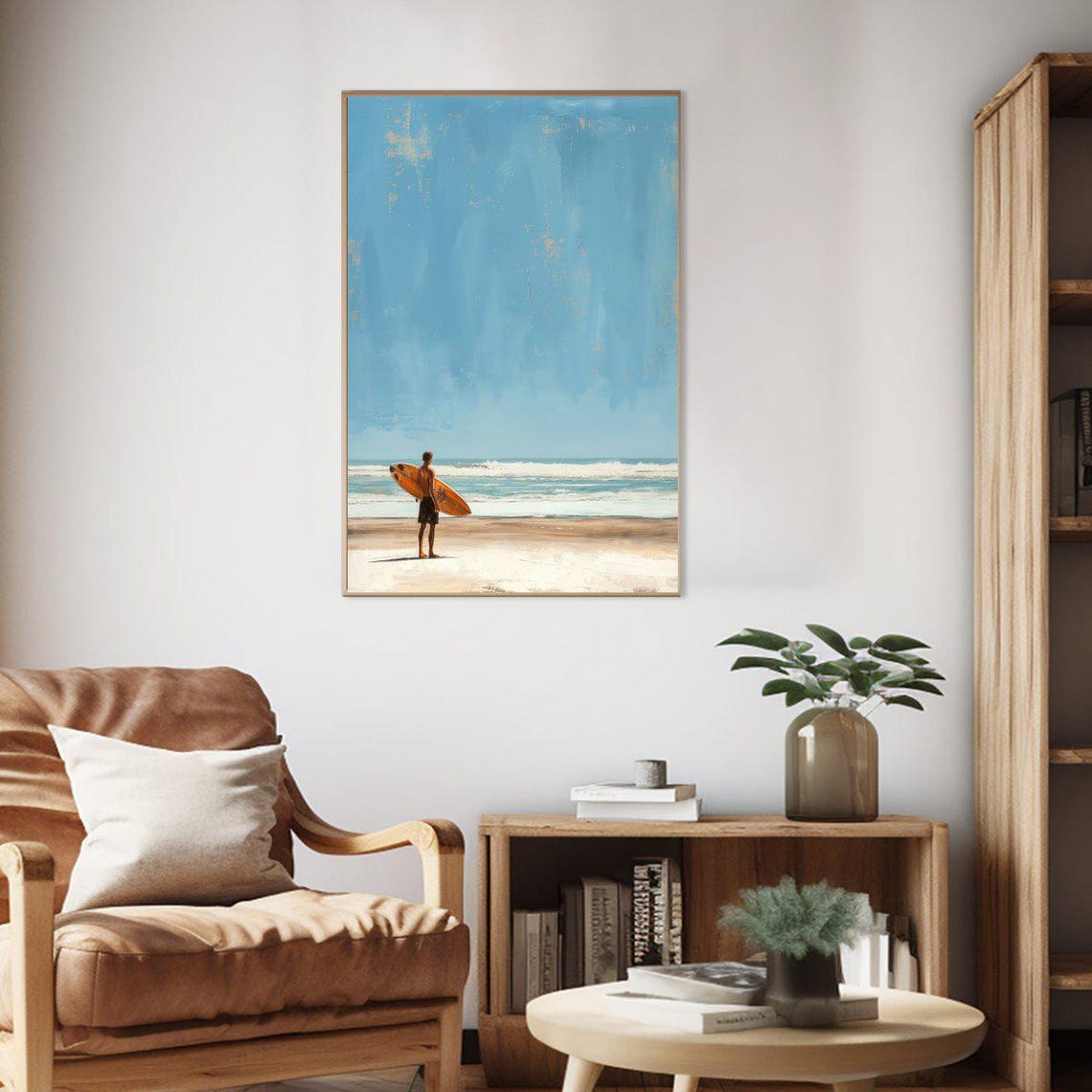 Lone Surfer Holding Board On Beach Under Big Blue Sky Art Poster - Image 2