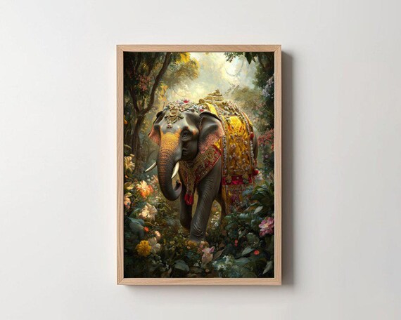 Golden Caparison Elephant In Flower Jungle Realistic Art Poster