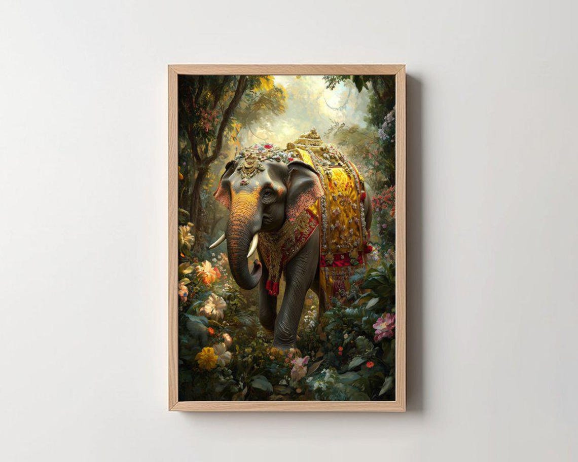 Golden Caparison Elephant In Flower Jungle Realistic Art Poster