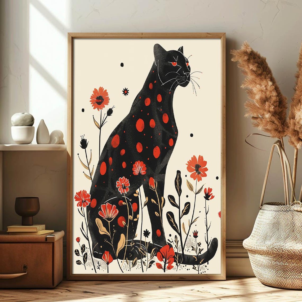 Bold Black Panther Red Spots Floral Art Deco Wild Animal Poster - Image 3