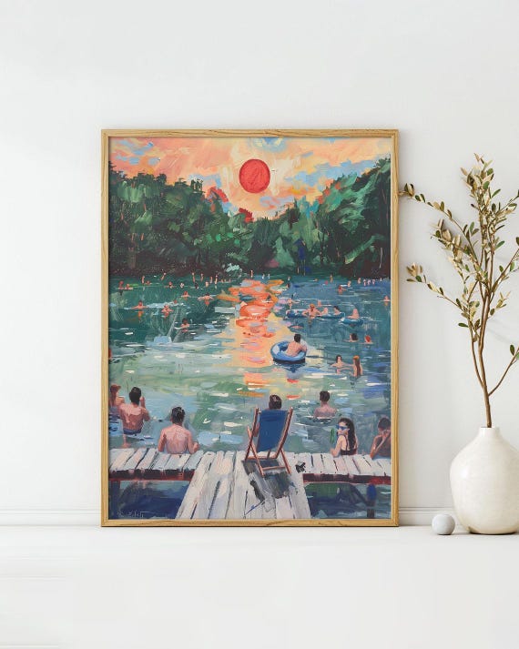 Swimming At Sunset Art Poster Midcentury Modern Travel Wall Art Painting As Print Unique Design