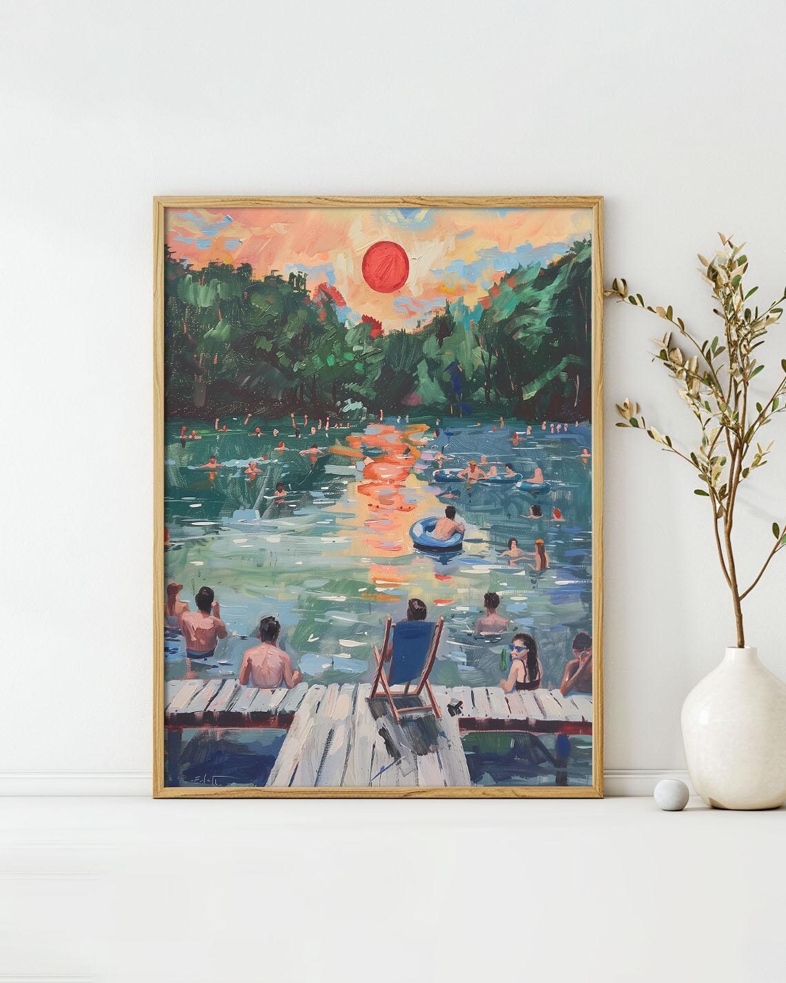 Bright Sunset Lake Swimming Scene Impressionist Painting Poster