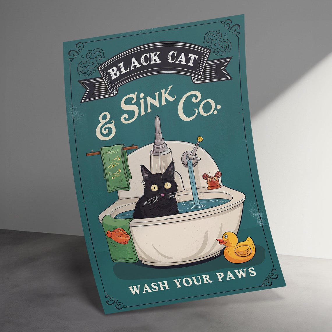 Black Cat Sink Co Wash Your Paws Funny Vintage Bathroom Sign Poster - Image 3