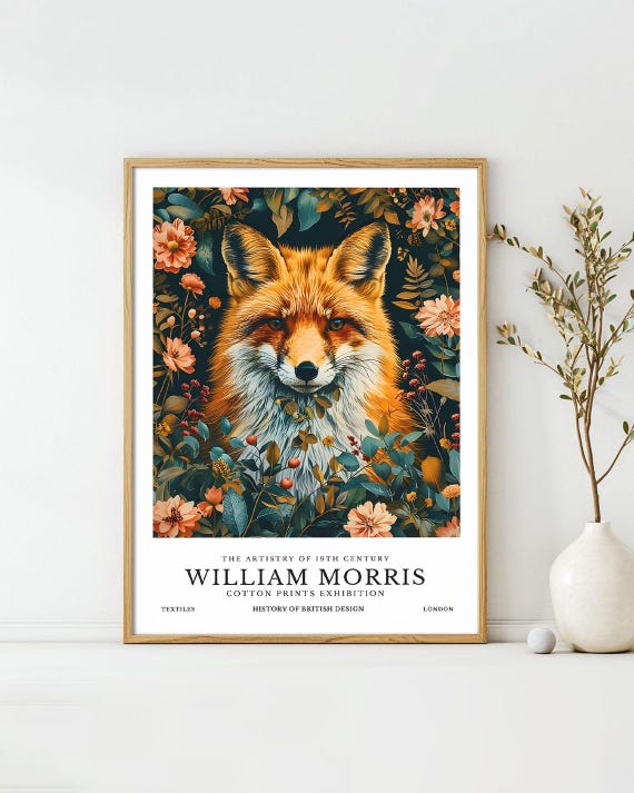 William Morris Posters Fox With Flowers Animal Art Print Vintage Exhibition Wall Deco William Morris Exhibition Poster