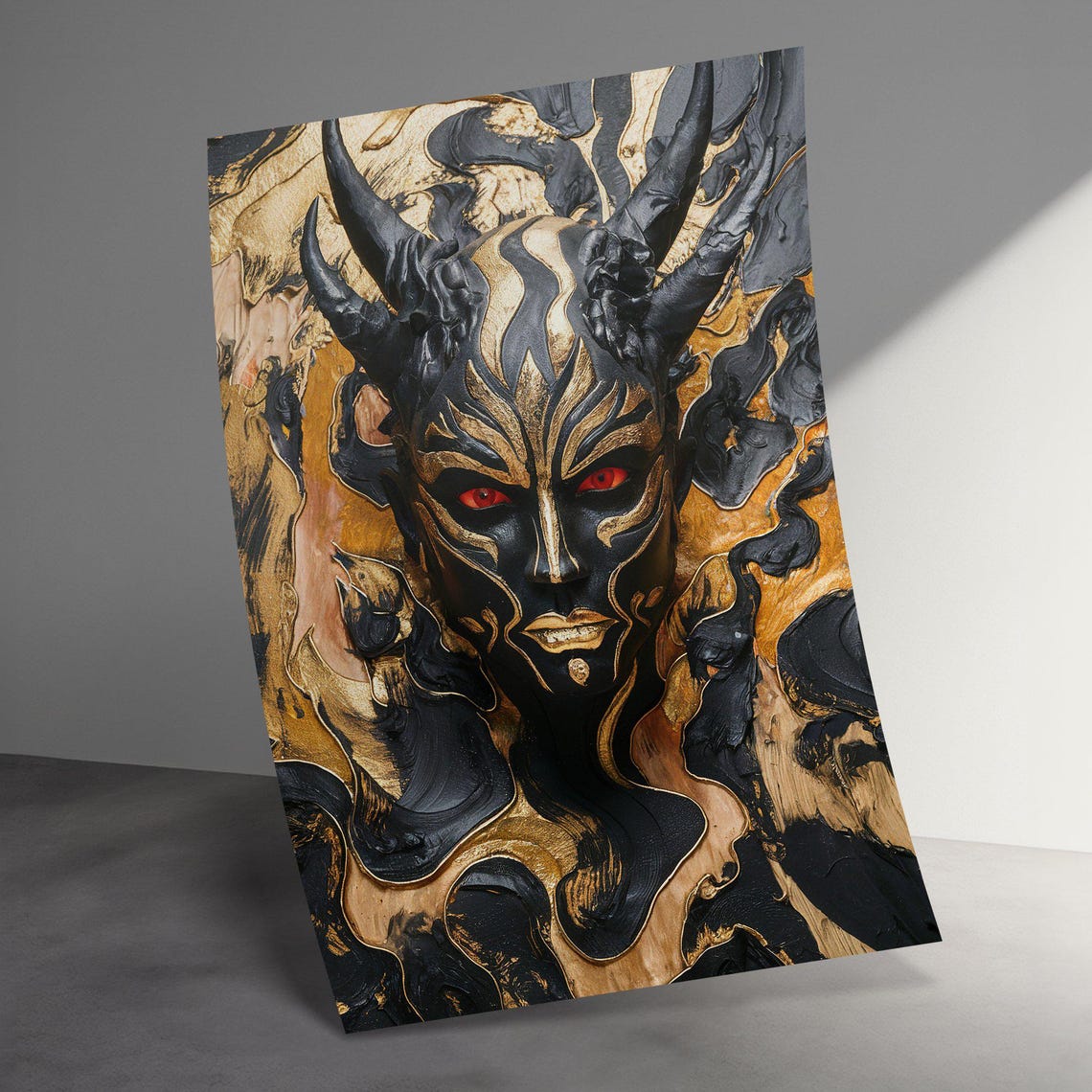 Horned Black Gold Demon Mask Red Eyes Dark Fantasy Art Poster - Image 3