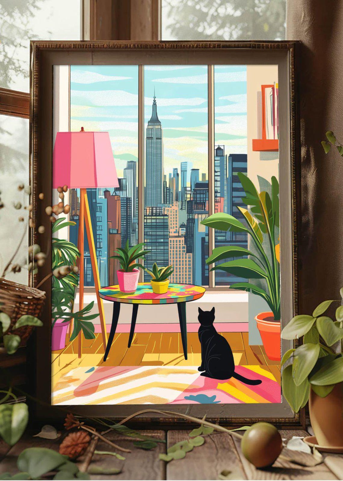 NYC Skyline Apartment Interior With Black Cat City Art Poster - Image 2