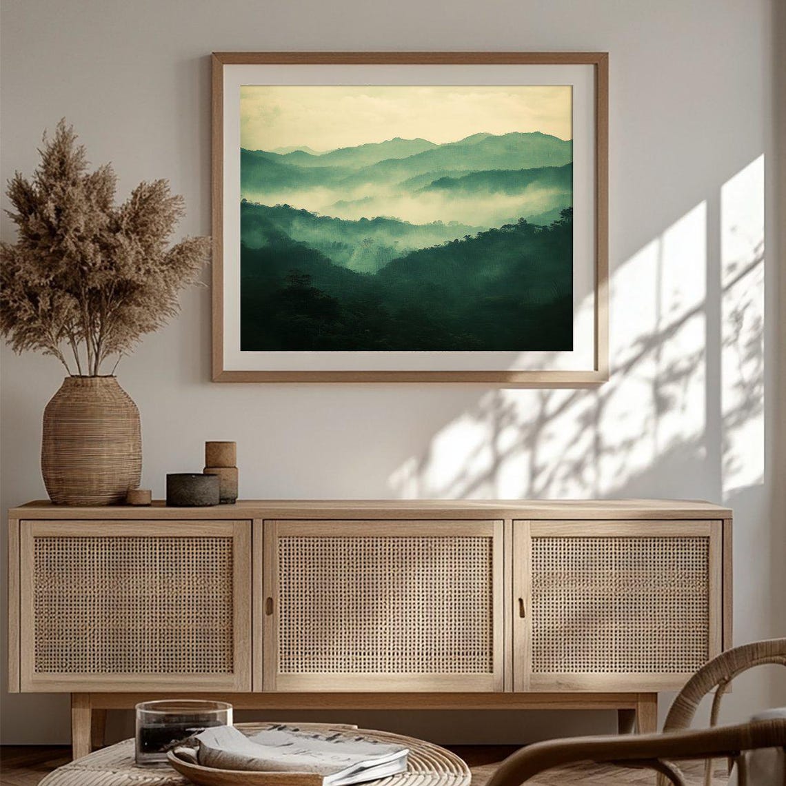 Misty Green Mountain Ranges Foggy Valley Landscape Art Poster - Image 3