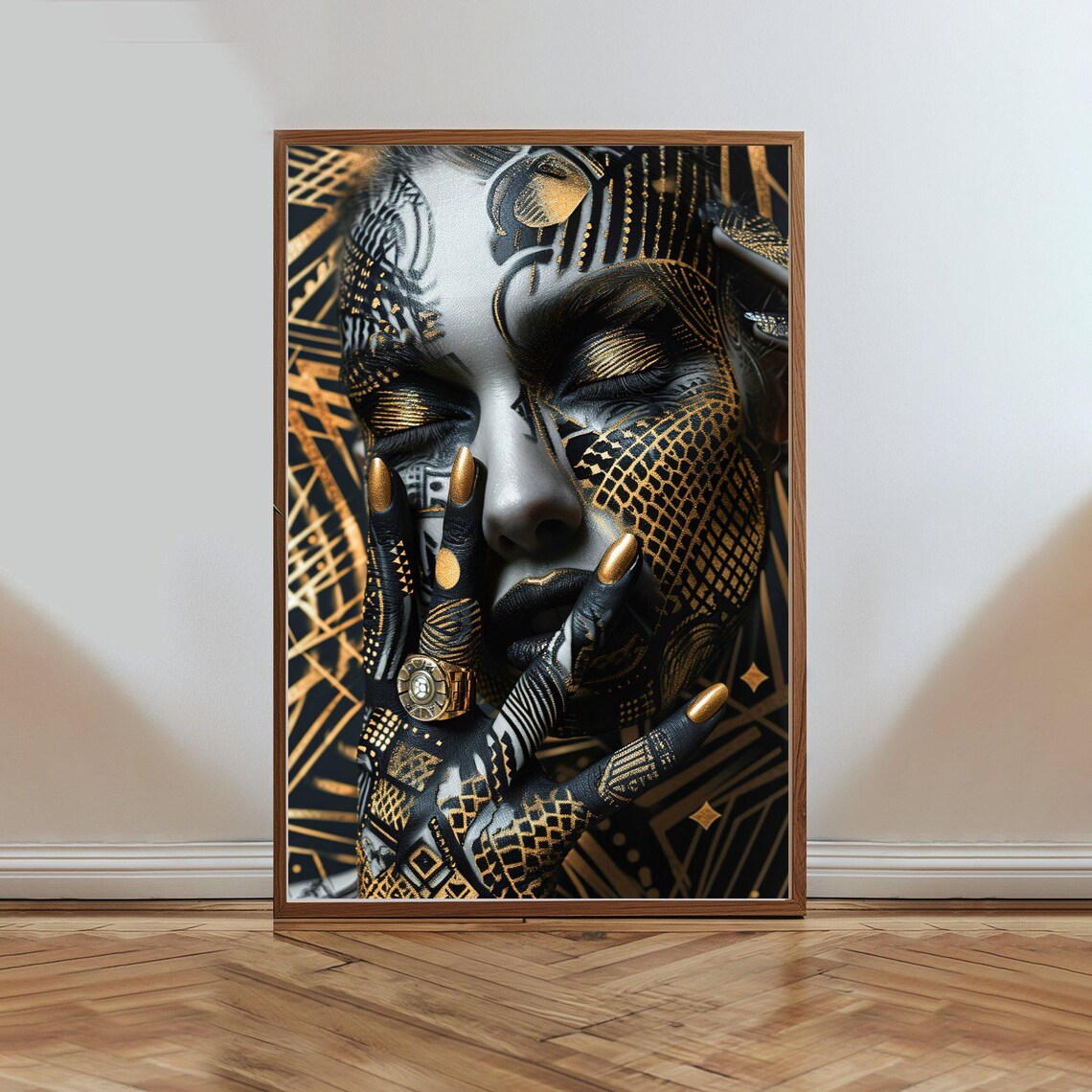 Bold Golden Tribal Body Paint Beauty Portrait Striking Art Poster