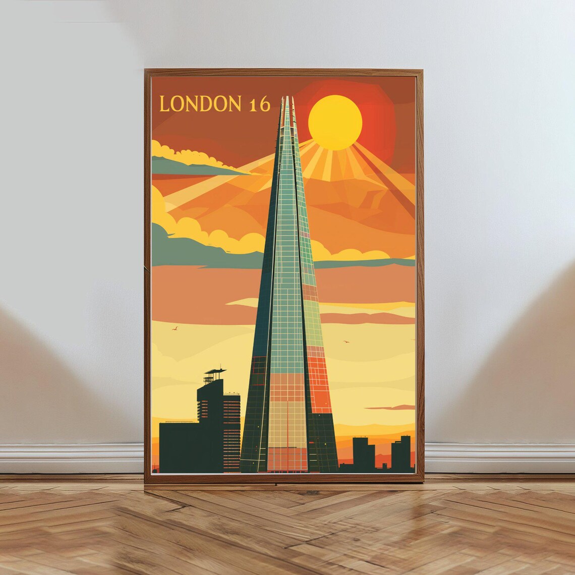 London 16 The Shard At Sunset Retro Travel Style City Poster