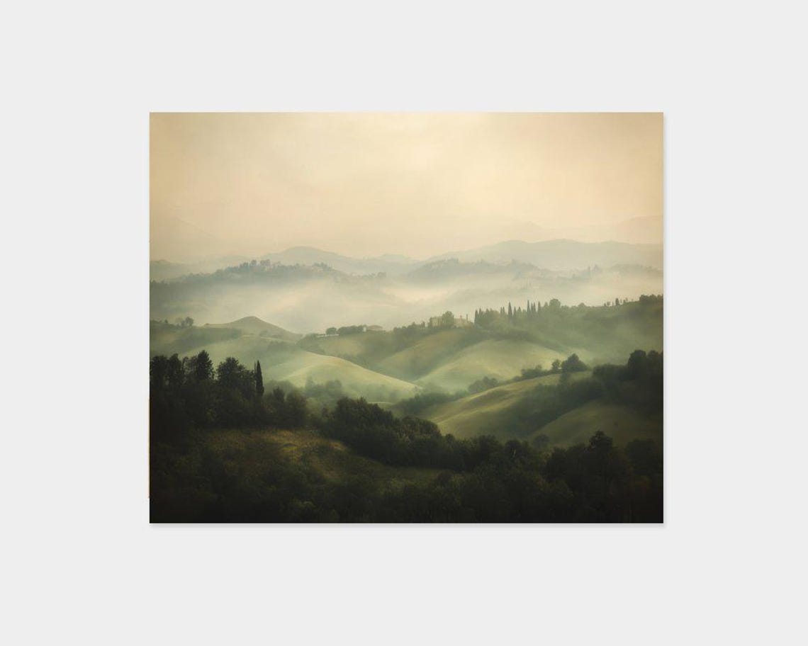 Misty Rolling Hills at Dawn Soft Sepia Countryside Art Poster - Image 2