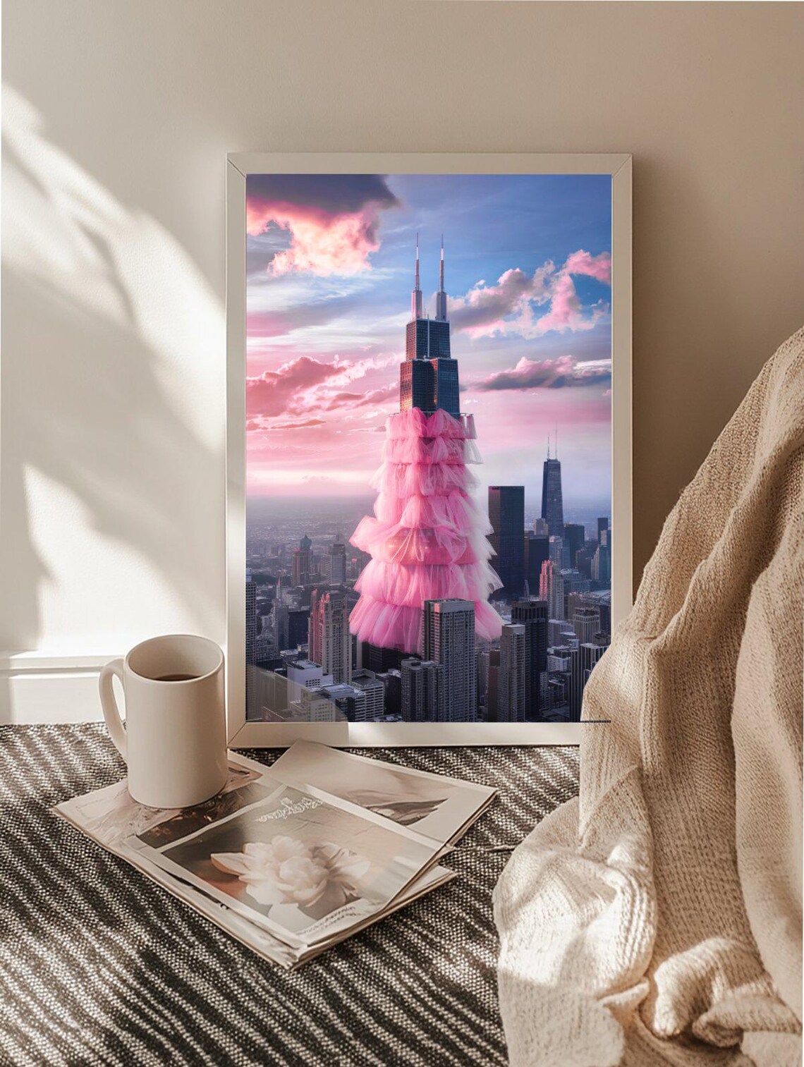 Chicago Tower Pink Gown Surreal Fashion Cityscape Sunset Poster - Image 2