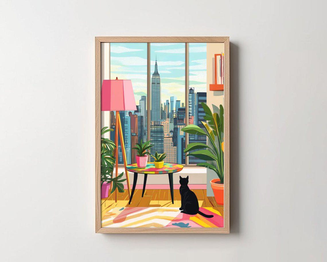 NYC Skyline Apartment Interior With Black Cat City Art Poster