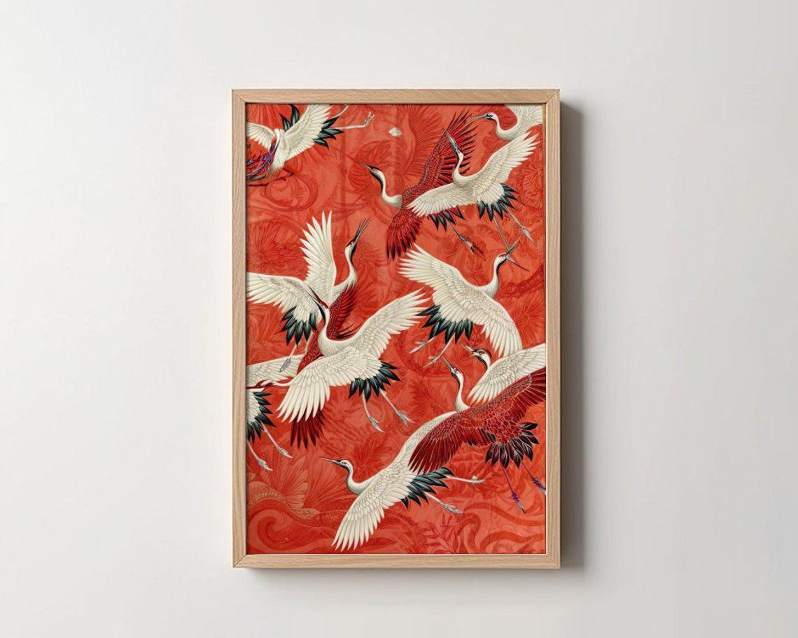 White Cranes In Flight Red Japanese Style Bird Artwork Poster