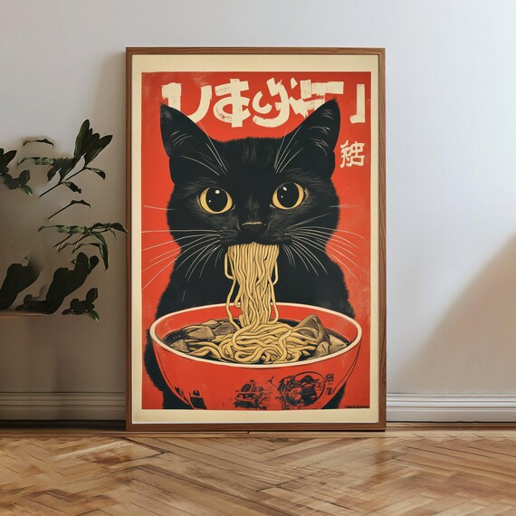 Black Cat Ramen Wall Art Japanese Cat Eating Noodles Cute Animal Kitchen Decor Cat Lovers Gift Fun Food Illustration
