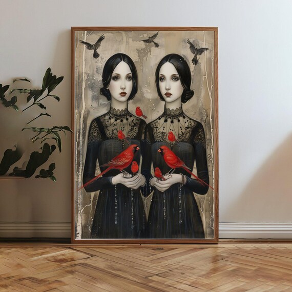 Gothic Twin Sisters Red Cardinals Dark Fantasy Portrait Art Poster