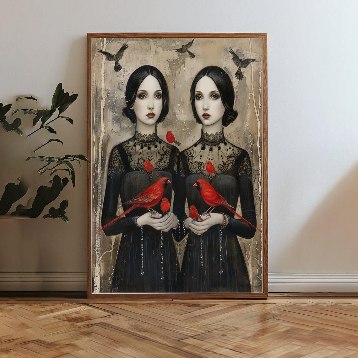 Gothic Twin Sisters Wall Art Red Birds Black Dress Print Dark Fantasy Home Decor Spooky Twin Girls Painting Creepy Art Poster