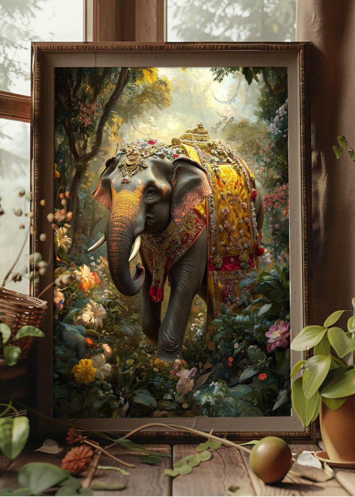 Golden Caparison Elephant In Flower Jungle Realistic Art Poster - Image 2