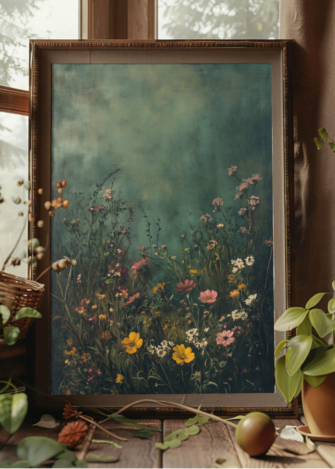 Vintage Wildflower Meadow Moody Teal Floral Painting Art Poster - Image 2