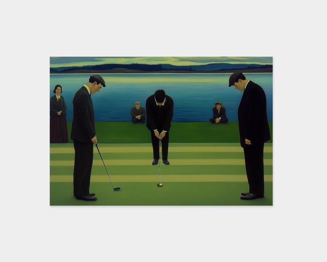 Vintage Golfers Putting by the Sea at Dusk Retro Golf Poster - Image 3